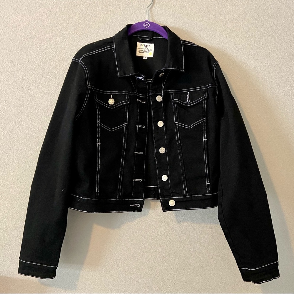 Papaya Black Jean Jacket Buttons White Stitching